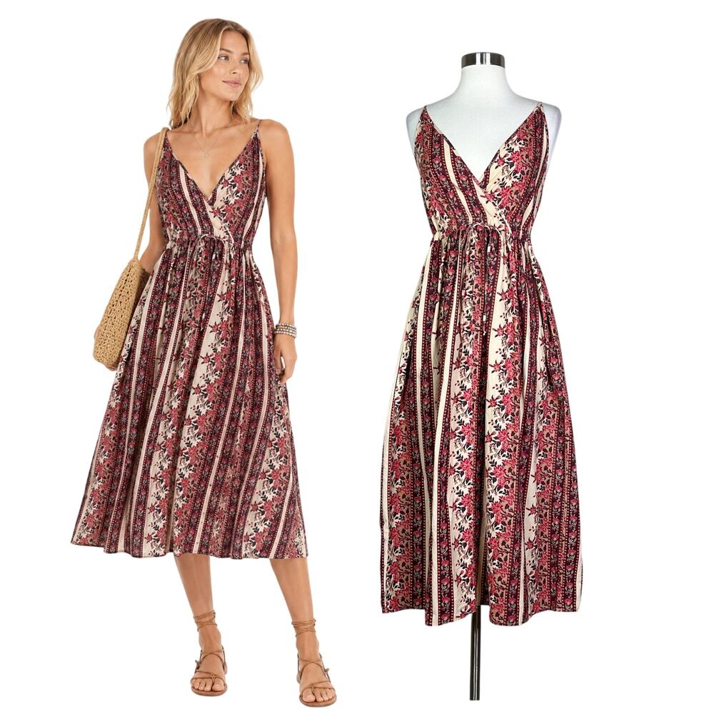 Christy Dawn | Lincoln Floral Stripe Organic Cotton Midi Dress Cream Burgundy XS